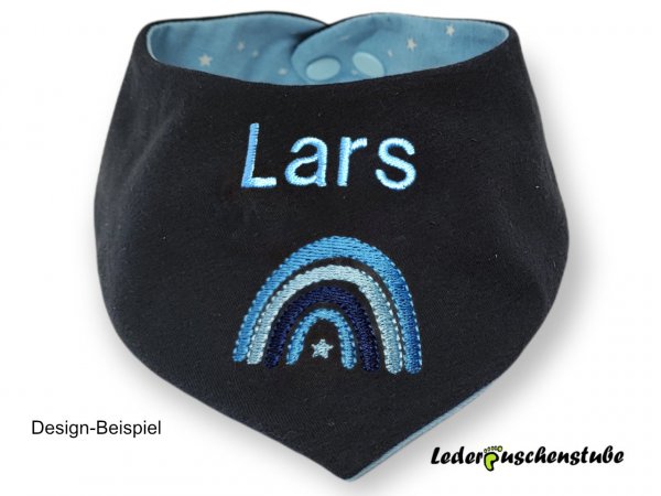 Wende Halstuch Vorderseite (Jersey dunkelblau) Rückseite (Jersey hellblau Sterne weiß) mit Namen hellblau Regenbogen lichtblau-hellblau-mittelblau-lichtblau Stern hellblau